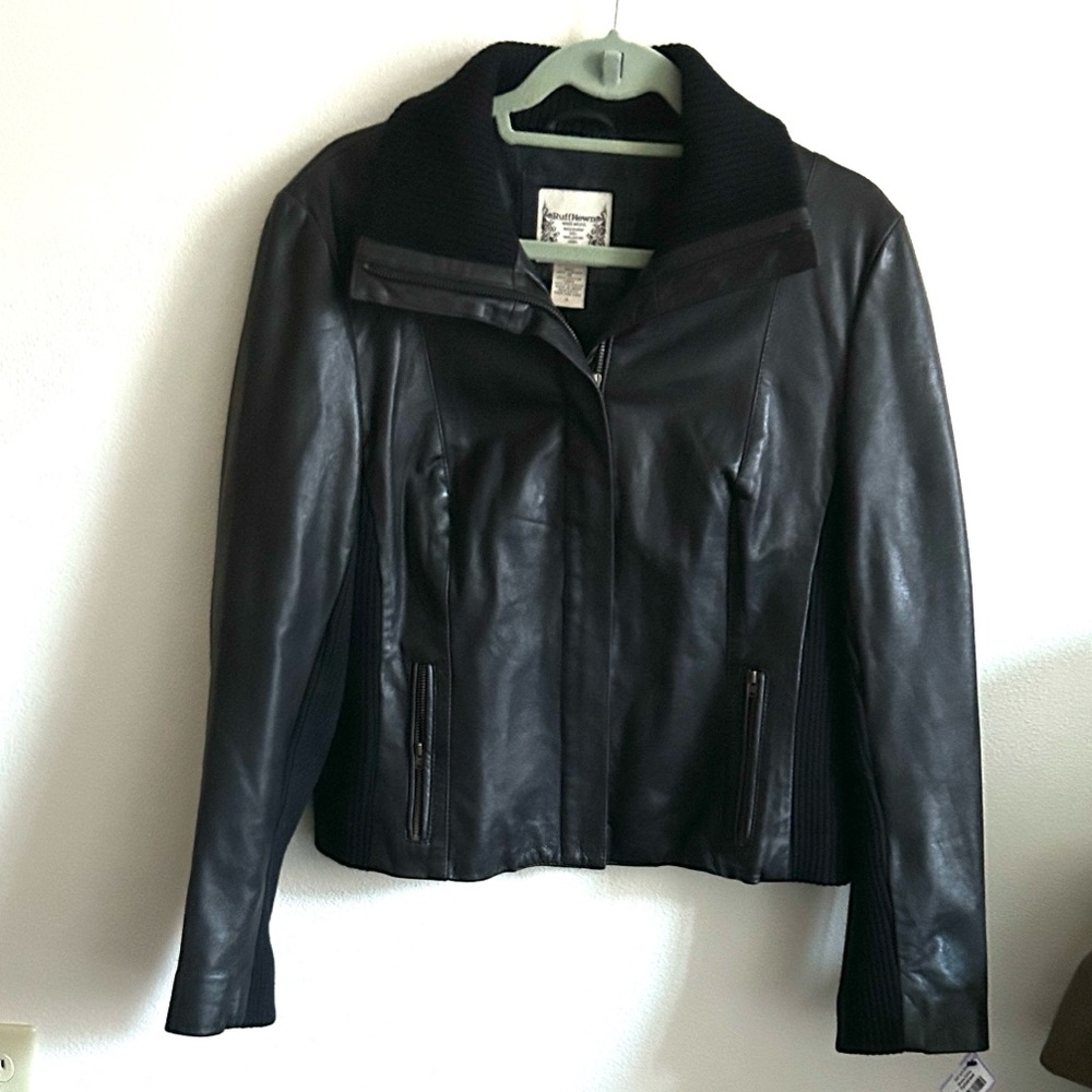 Ruff Hewn Women Black Leather Moto Biker Ribbed Knit Collar/Side Panels Jacket.L